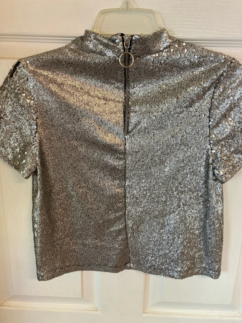 Zara Silver Sequin Mock Neck Crop Top - Picture 3 of 5